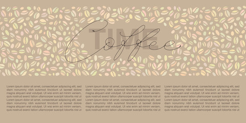 Hand drawn horizontal banner for marketing campaign, advertising, promotions. Colored coffee beans and Coffee time lettering in the center with text boxes.