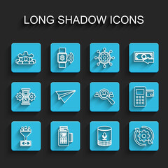 Set line Lead management, POS terminal, Project team base, Voice assistant, Gear and arrows workflow, Paper plane, Pos and Magnifying glass for search people icon. Vector