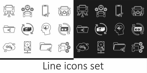 Set line Car sharing, Refund money, Flight mode the mobile, Share folder, Head with heartbeat and icon. Vector