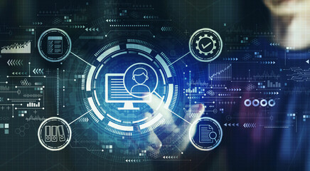 Document management system concept with young man touching a digital screen at night