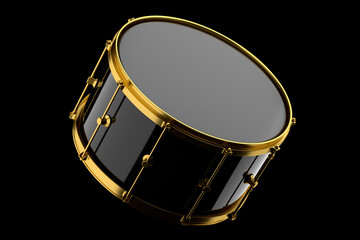 Realistic drum on black background. 3d render concept of musical instrument