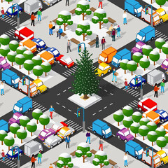 Winter Christmas tree, New Year is an isometric city with streets