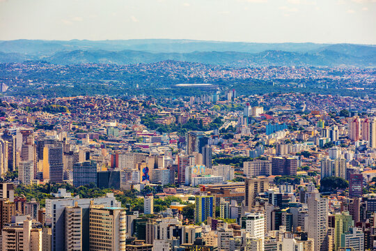 City of Belo Horizonte seen from the top of the Mangabeiras viewpoint during a beautiful sunny day. Capital of Minas Gerais, Brazil.