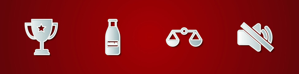 Set Trophy cup, Glass bottle milk and cap, Scales of justice and Speaker mute icon. Vector