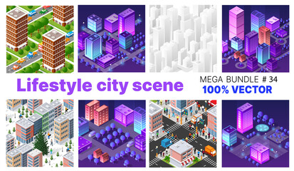 The city lifestyle scene set 3d illustrations on urban themes