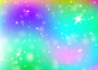 Naklejka na ściany i meble Unicorn background with rainbow mesh. Girlish universe banner in princess colors. Fantasy gradient backdrop with hologram. Holographic unicorn background with magic sparkles, stars and blurs.