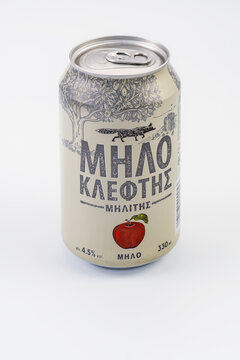 Greek apple carbonaceous cider beverage Milokleftis 330 ml can with Hellenic name and logo on a 330 ml can containing 4.5 percent alcohol, against white background. 