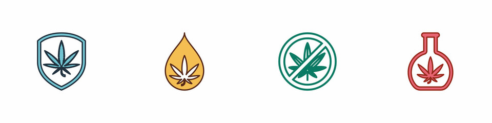 Set Shield and marijuana, Marijuana or cannabis leaf oil, Stop and Test tube with icon. Vector