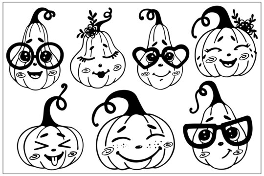 Set of cheerful emotional pumpkins.Cartoon characters linear doodles.Vector graphics.