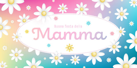 Italian text : Buona festa della Mamma, on an white oval frame with white blossoms on colorful background