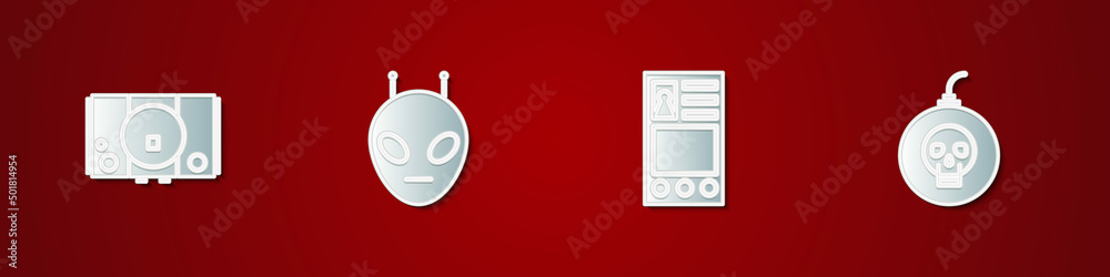 Poster set video game console, alien, create account screen and bomb ready to explode icon. vector