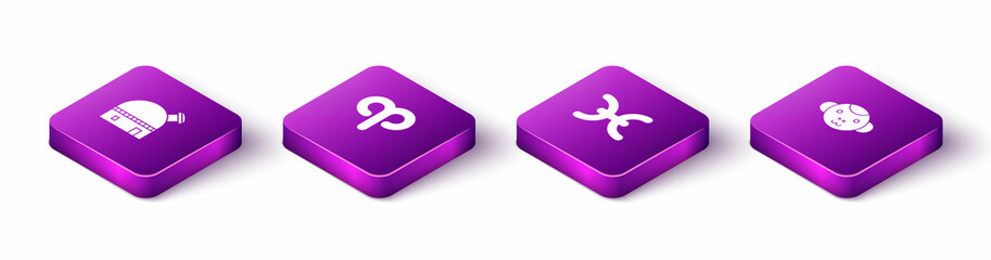 Set Isometric Astronomical observatory, Aries zodiac, Pisces and Monkey icon. Vector