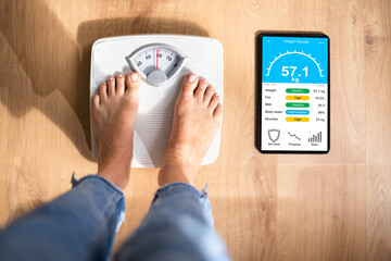 Smart Weight Scale With Wireless Tablet App. Woman Standing