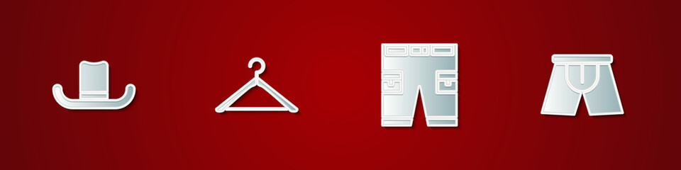 Set Man hat, Hanger wardrobe, Short or pants and Men underpants icon. Vector
