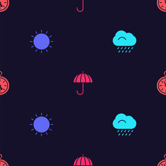 Set Cloud with rain, Sun, Umbrella and Compass on seamless pattern. Vector