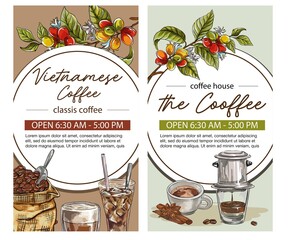 Coffee banner template set coffee time concept. Can be used for web banner, graphic style elements: postcard, sticker, menu, label, packaging.
