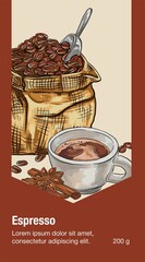 espresso banner which can be used for menu books and cafe promotions. Graphic style elements: label, postcard, sticker, menu, packaging. Can be used for website or social media