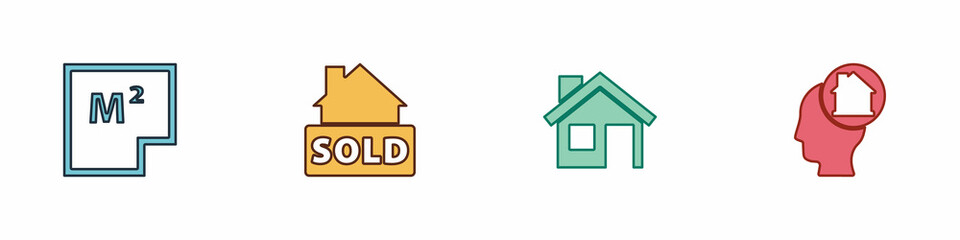 Set House plan, Hanging sign with text Sold, and Man dreaming about buying house icon. Vector