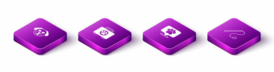 Set Isometric Dog, Pet first aid kit, Location veterinary hospital and toy icon. Vector
