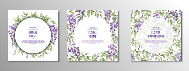 Set of cards, posters, banners with purple wisteria. Wedding invitation. Delicate purple flowers