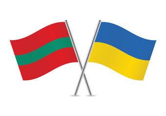 Transnistria and Ukraine crossed flags. The Pridnestrovian Moldavian Republic and Ukrainian flags on white background. Vector icon set. Vector illustration.