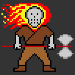 Obraz premium Fighting warrior with fire skull head in pixel art. Vector illustration.