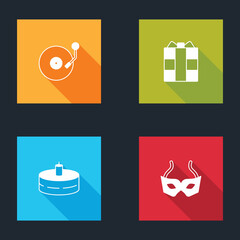 Set Vinyl player with disk, Gift box, Cake burning candles and Festive mask icon. Vector