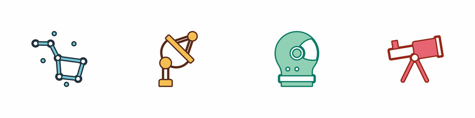 Set Great Bear constellation, Satellite dish, Astronaut helmet and Telescope icon. Vector