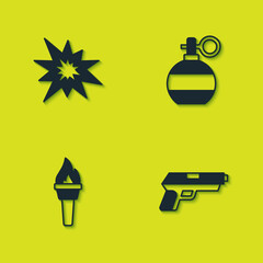 Set Bomb explosion, Pistol or gun, Torch flame and Hand grenade icon. Vector