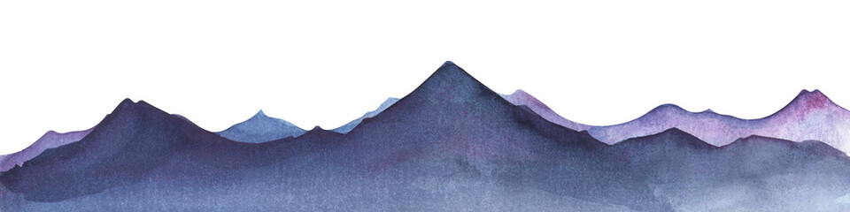 Silhouette of pointed mountain peaks. Layering of purple blue Himalayan range. Landscape decorative border element. Hand painted watercolor illustration. Colorful drawing on white paper background.