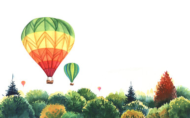 Hot air balloons over autumn forest. multicolors balloons fly overe tops of trees. Landscape decorative bottom border. Hand painted watercolor illustration. Colorful drawing on white paper background.