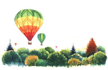 Big balloons over autumn forest. Green yellow orange red balloons fly over tops of trees. Landscape decorative element. Hand painted watercolor illustration. Drawing on white paper background. - 501817508