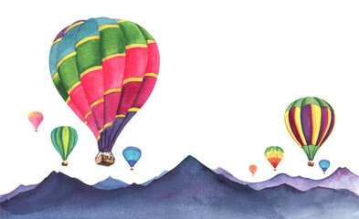 many multi-colored balloons over the mountains. Hot air balloon parade in cappadocia. Landscape decorative element. Hand painted watercolor illustration. Colorful drawing on white paper background