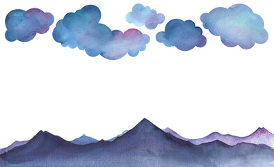 silhouette peaked mountain ranges under cute cartoon blue clouds. Landscape decorative border element. Hand painted watercolor illustration. Colorful drawing on white paper background.