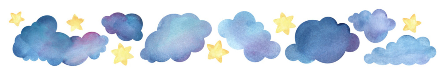 bright yellow gold stars between cute cartoon blue clouds. Elongated border decorative element. Hand painted watercolor on paper illustration. Colorful light cartoon drawing isolated white background