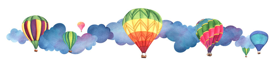 Bright multi-colored hot air balloons basket among blue clouds. Elongated border decorative element. Hand painted watercolor illustration. Colorful light cartoon drawing isolated on white background - 501817517