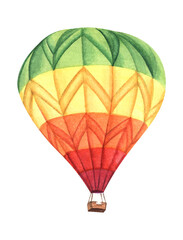 Multicolor balloon. Green yellow orange red horizontal stripes. Passenger basket. Single doodle decorative element. Hand painted watercolor illustration. Colorful drawing isolated on white.