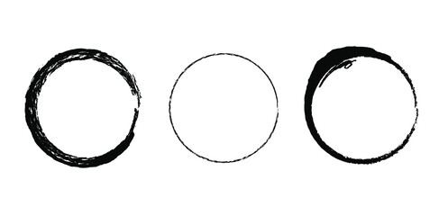 Vector graphic of Set of three black ink grunge round with brush on white background. Vector design element.
