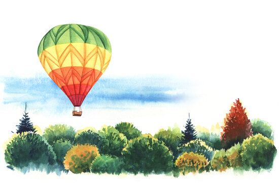 Big hot air balloon flying over tops of trees autumn forest. Green yellow orange red hot air balloon in blue sky. Decorative landscape. Hand painted watercolor illustration drawing on white background