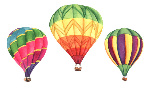 Multicolor rainbow striped Hot air balloons. Small passenger baskets. Set of three decorative elements. Hand painted watercolor illustration. Colorful light cartoon drawing on isolated white backgroun