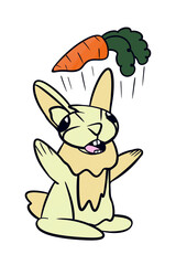 light rabbit throws up a carrot on a white background