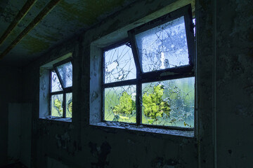 two broken windows from inside an empty industrial building looking outside