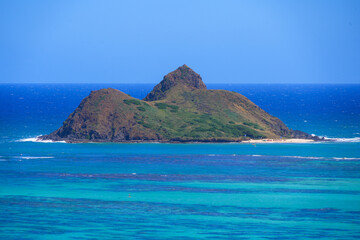 Moku Nui, one of the two islets of the Mokulua Seabird Sanctuary seen from Lanikai Pillbox hike in Kailua, on the eastern side of Oahu in Hawaii, United States