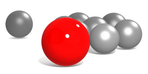 Red sphere leads the white balls. Leadership concept