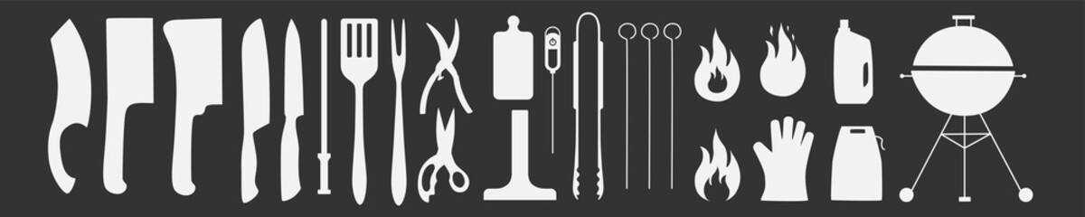 Barbecue, grill tools set. Vector stock illustration isolated on black background for design packaging, logo, menu in restaurant, butcher shop. 
