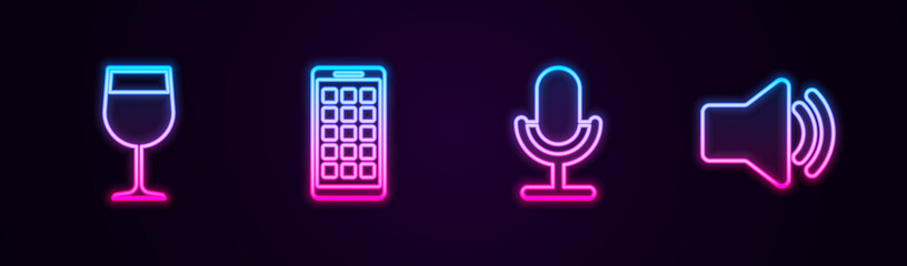 Set line Wine glass, Mobile Apps, Microphone and Speaker volume. Glowing neon icon. Vector