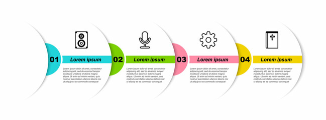 Set line Stereo speaker, Microphone, Cogwheel gear settings and Holy bible book. Business infographic template. Vector