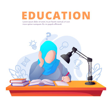 Muslim Girl Education Vector illustration background, Education purpose modern simple colorful vector design template