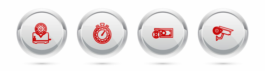 Set line Toaster setting, Time management, Fast payments and Security camera. Silver circle button. Vector