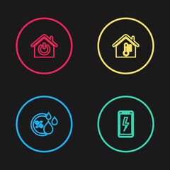 Set line Humidity, Mobile charging battery, House temperature and Smart home icon. Vector